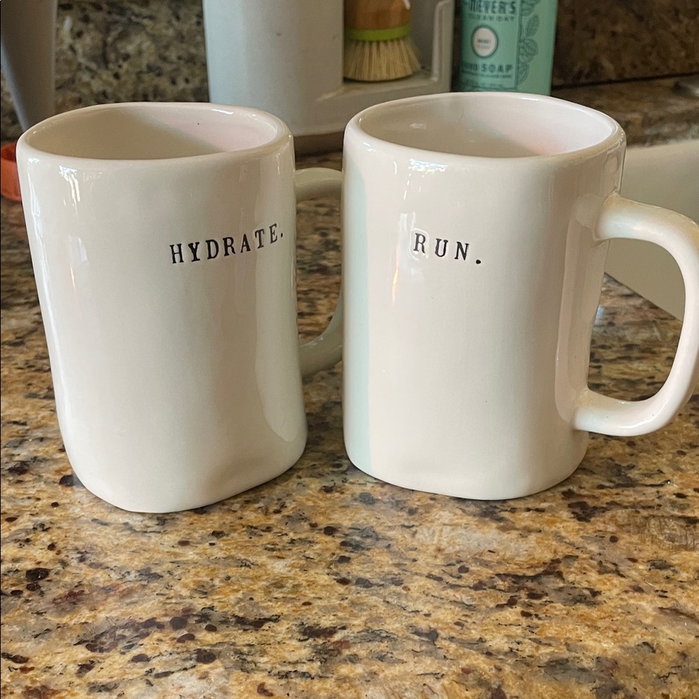 Rae Dunn Mugs with Hydrate and Run typed